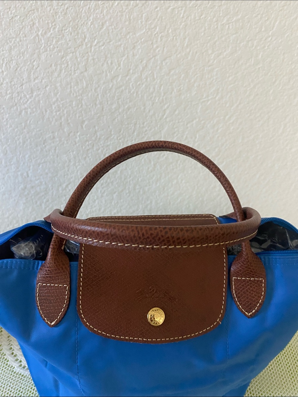 Longchamp - Small Blue Nylon Tote with Brown Leather Trim - Picture 5 of 8
